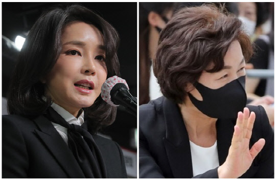 윤석열 국민의힘 대선 후보 부인 김건희씨(왼쪽)와 추미애 전 법무부 장관. <연합뉴스>